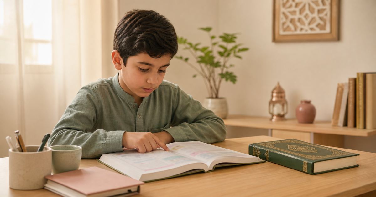A child practises Arabic reading beside an open Quran in a calm home learning space
