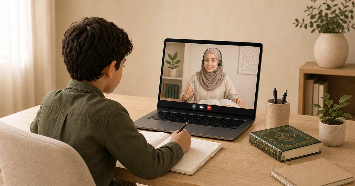 Adam receives focused one-to-one Qur'an guidance from Teacher Amina during an online lesson.