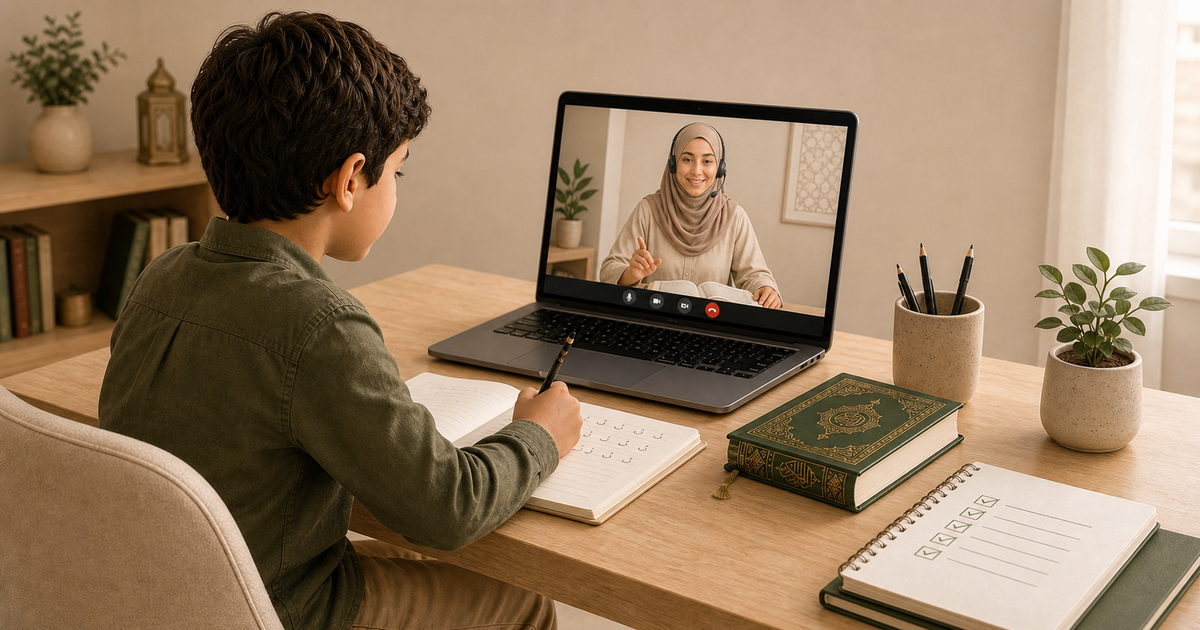 Adam joins an online Qur'an lesson with Teacher Amina on a laptop in a calm home setting.